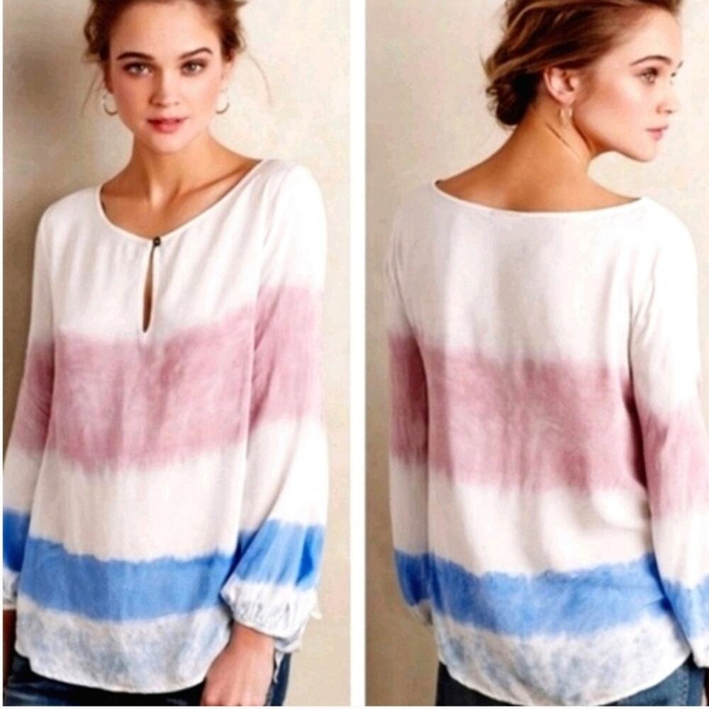 Anthro Holding Horses Watercolor Ombré Pink Blue Long Sleeve Blouse Peasant S